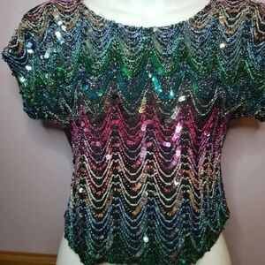 Vintage sequins shiny short sleeve crop top shirt